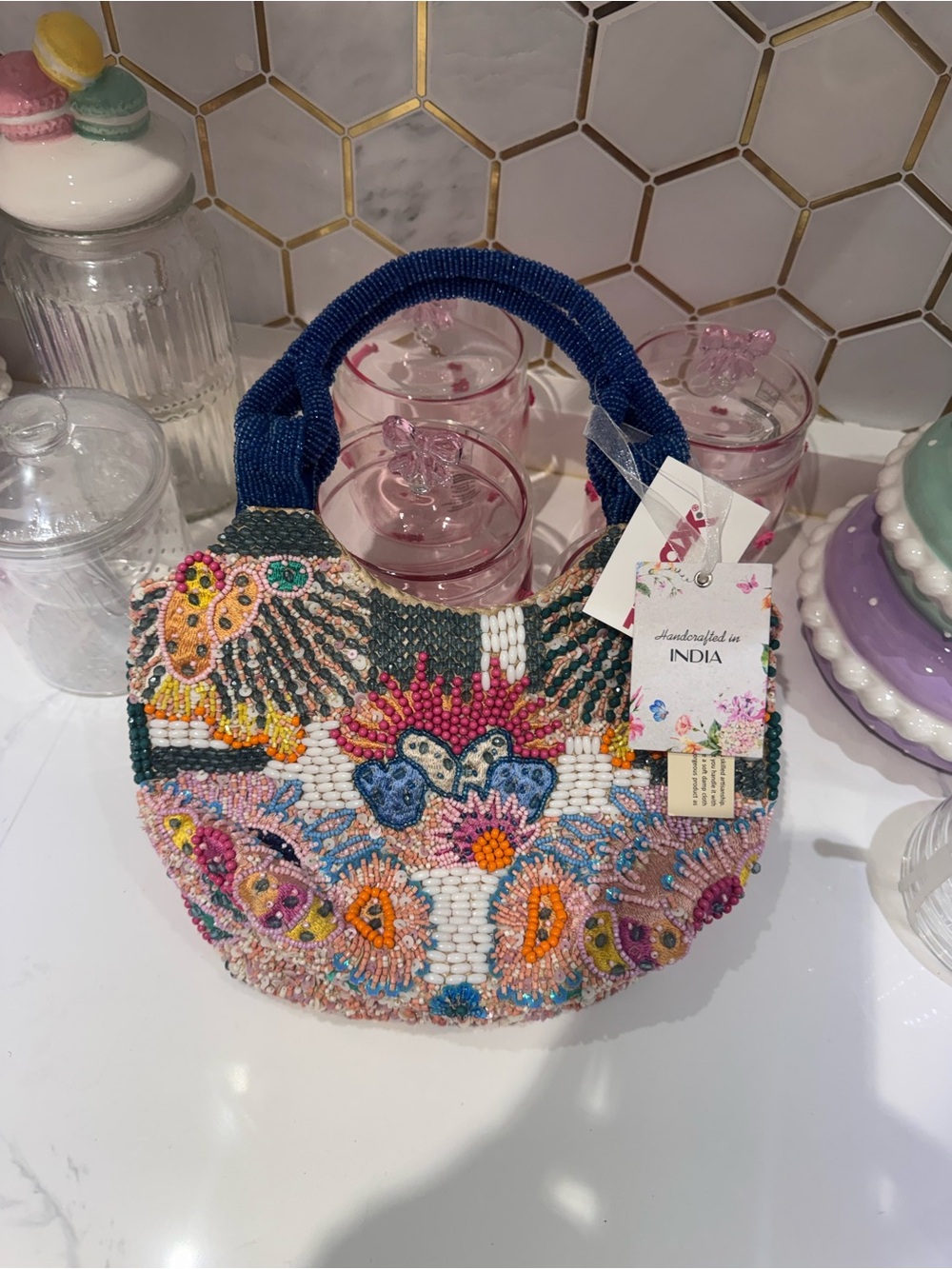 Handcrafted Beaded Pink Floral Mini Tote